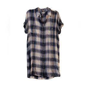 Max Studio Blue Plaid Check Short-sleeved Shirt Dress Bohemian Western, Sz L